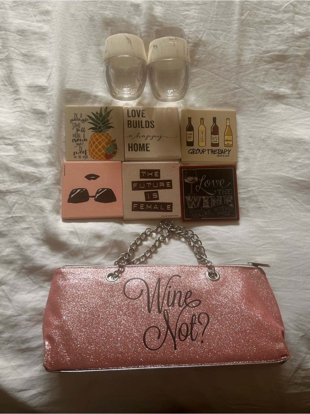 Wine Not? Pink Glitter Party Clutch with Matching Coasters